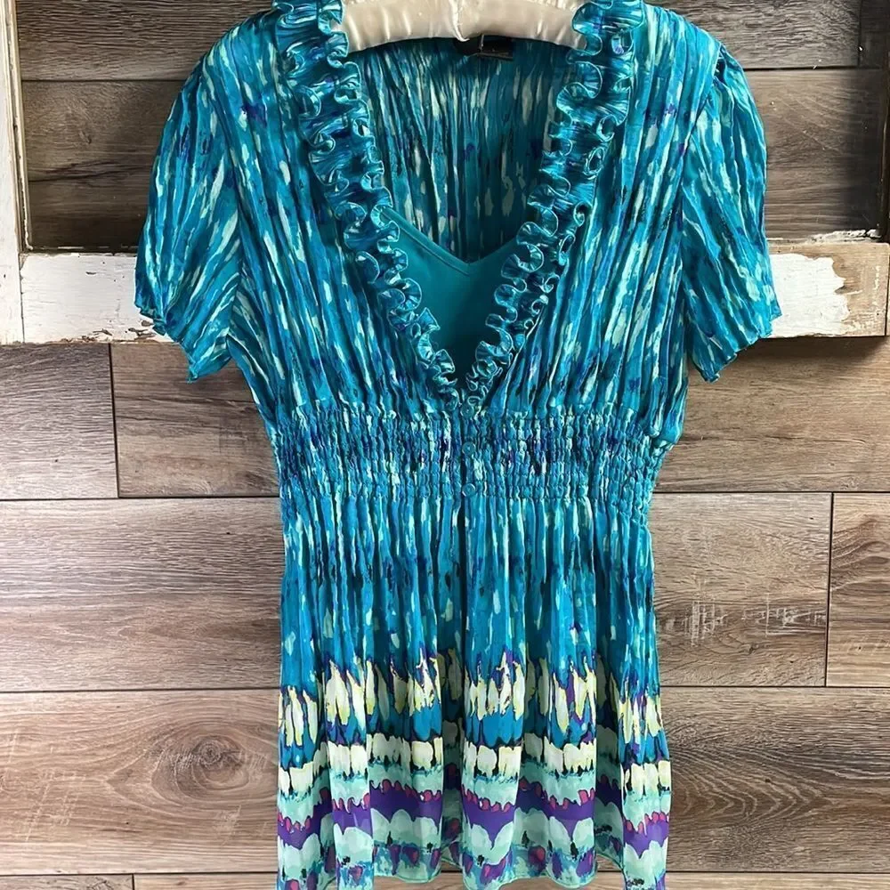 Nue Options Ladies Ruffled Crinkle Blouse with removeable Cami ,Size Large,Teals - Picture 3 of 7